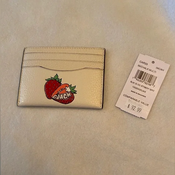 NWT Coach Slim Id Card Case Strawberry Graphic Leather Chalk Multicolor - Picture 1 of 6